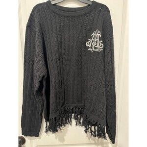 Lifted Anchors Black Distressed Fringe Knit Sweater Size Small